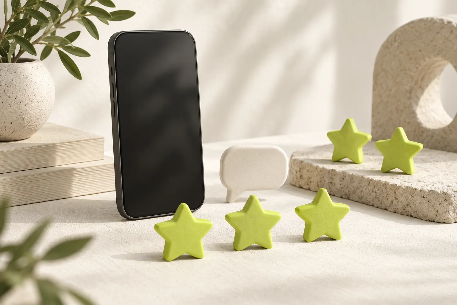 Graphite phone beside lime ceramic stars and an ivory speech bubble