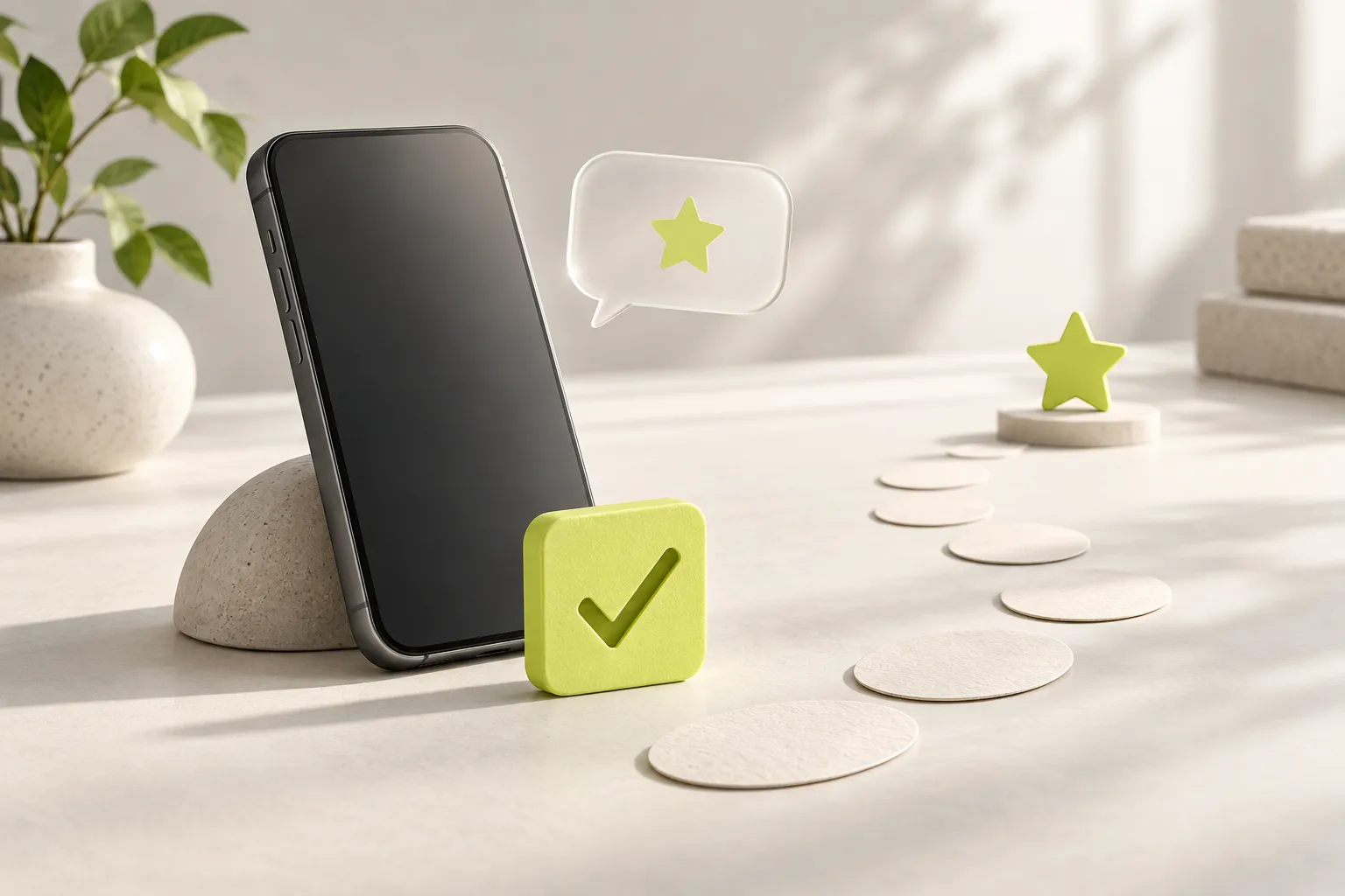 Angled graphite phone with a lime checkmark, blank speech bubble and paper path to a star