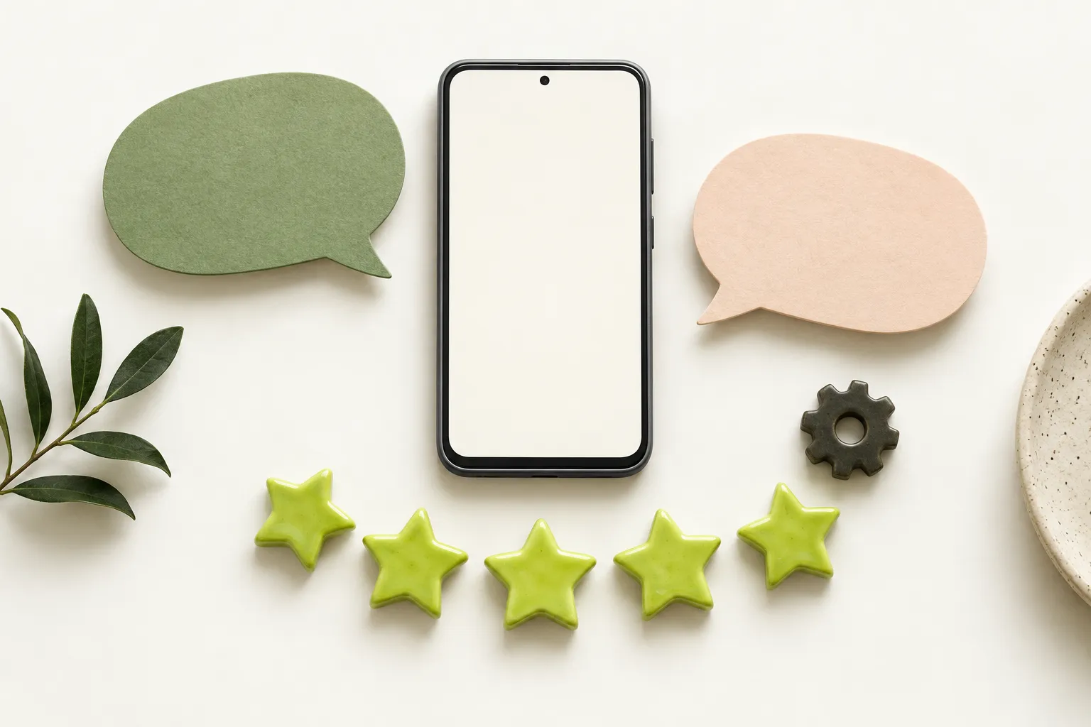 Graphite phone with blank speech bubbles, lime stars and a small gear on an ivory surface
