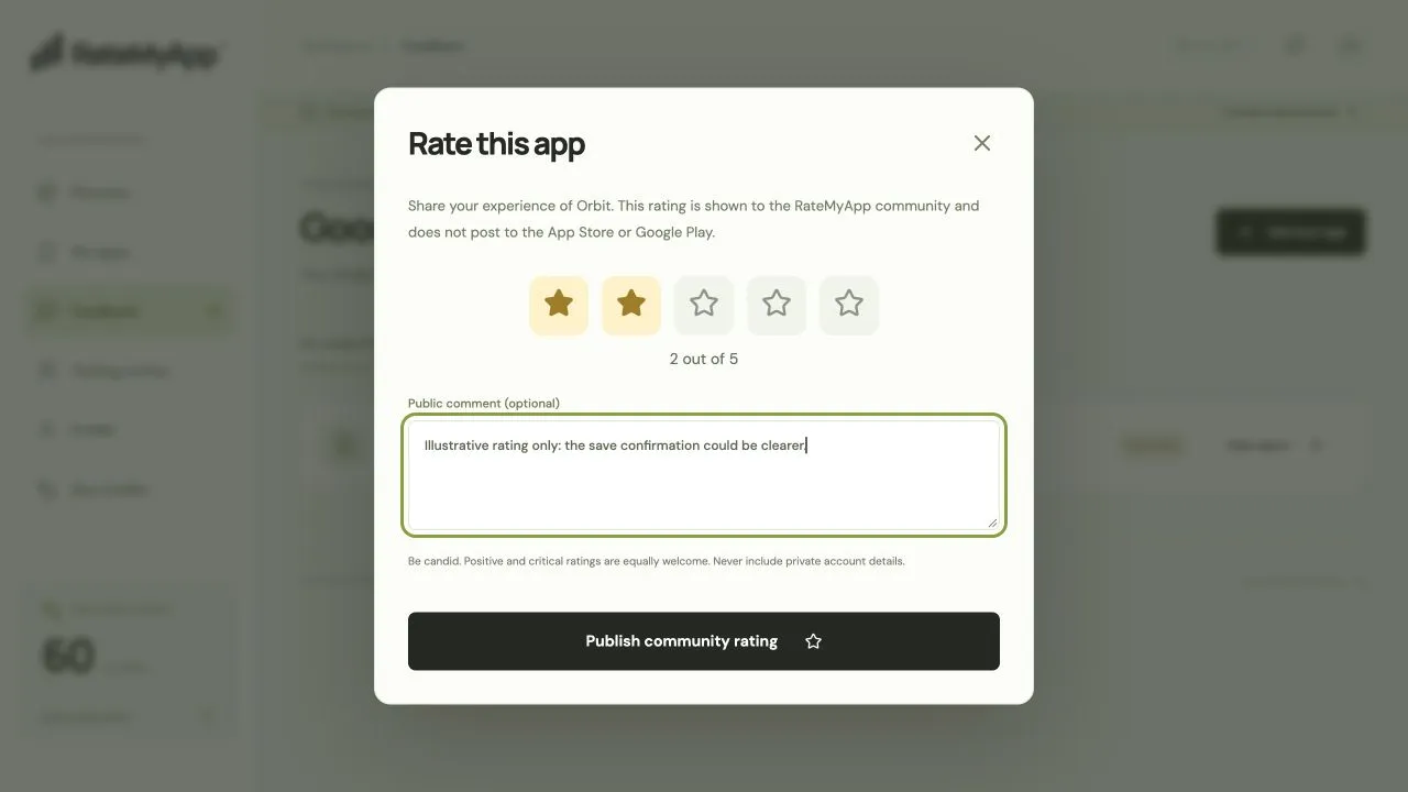 RateMyApp demo workspace showing the optional community star rating and feedback form